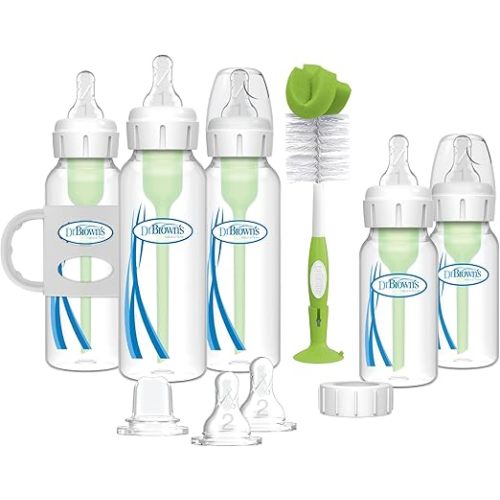 Dr. Brown's Natural Flow Anti-Colic Options+ Narrow Bottle to Sippy Gift Set with Soft Silicone Sippy Spout, Removable Silicone Handles, Travel Cap and Bottle Brush