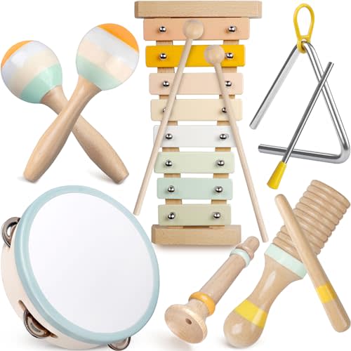 Baby Musical Instruments - Montessori Musical Toys for Toddlers 1-3, Neutral Colors Wooden Percussion Instruments Set, Modern Boho Xylophone Tambourine, Kids Preschool Educational Birthday Gifts