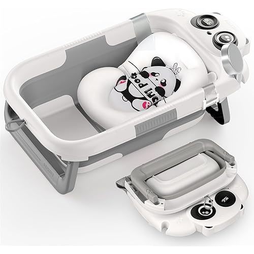 Foldable Baby Bathtub, Lightweight Bathtub for Infants to Toddlers with Soft Cushion & Thermometer, Portable Baby Tub Newborn to Toddler 0-24 Months(Grey)