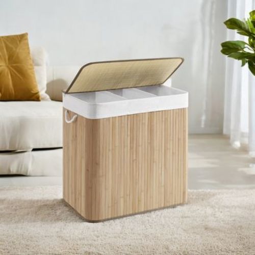 39.6 Gallons Laundry Hamper, 3-Section Laundry Basket,with Lid, Bamboo, Foldable, Removable and Machine Washable Liner Laundry Storage Sorter