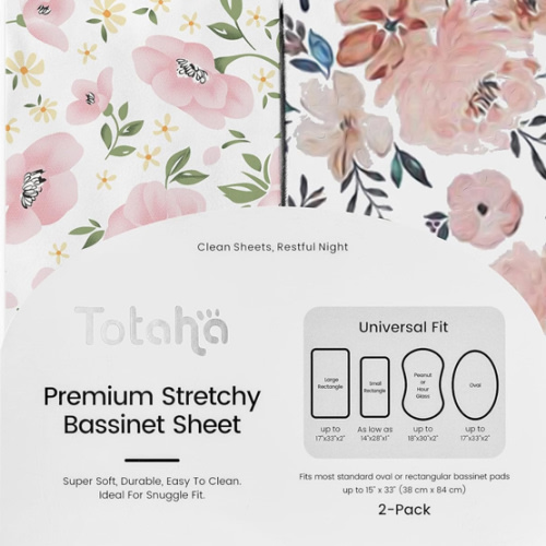TotAha Premium Stretchy Bassinet Sheets for Baby Girl, Silky Comfort Cradle Sheets Fitted 18 x 36 for Oval, Rectangular, Hourglass Mattress, Hypoallergenic, Buttery Soft 2-Pack (Floral & Pale Pink)