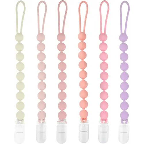 Silicone Pacifier Clip Holder, 6 Pack One Piece Soft Flexible Binky Clips Pacifier Holder Clip for Girls, Baby Girl Newborn Essentials, Teething Relief