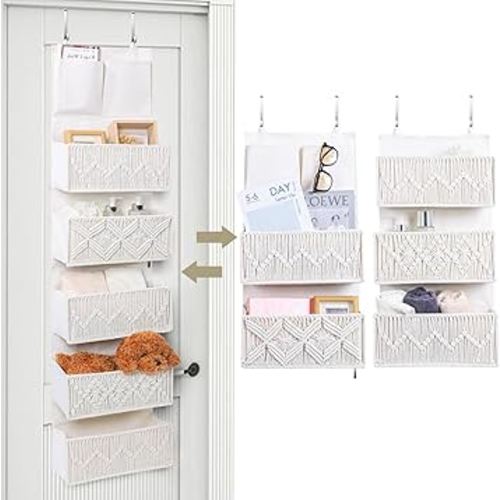 ANTIS'S HOME Over the Door Organizer Macrame Boho Nursery Storage with 5 Large Woven Pockets, Hanging Closet Basket for Bathroom or Nursery, Behind the Door Storage Organizer