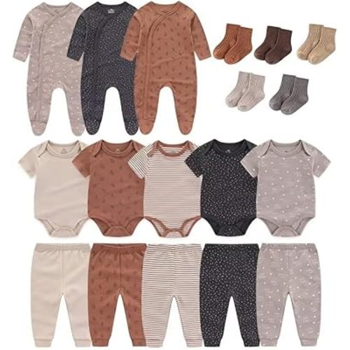 Infant Rompers Set 18-Pieces Baby Clothing 100% Cotton Infant Essentials Gifts Unisex Baby Boy Girl Layette Sets