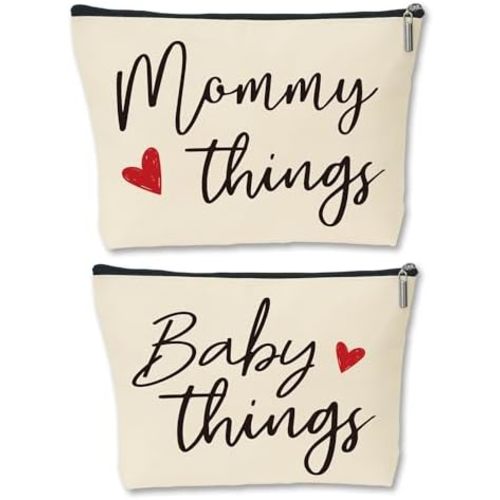 Mommy and Baby Matching Pouch Set, Mommy Things and Baby Things Bags, Gifts for New Moms Expecting Moms, Matching Travel Cases, Beige Set of 2
