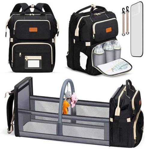 Diaper Bag Backpack, Campmoy 8 in 1 Large Diaper Bag with Changing Station, 900D Oxford Waterproof Diaper Bag with Unique Toy Hanging Rod Bassinet for Boys Girl(Black)
