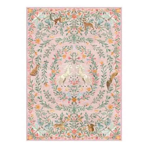 Myrrha Washable Fantasy Garden and Unicorn Pink Rug