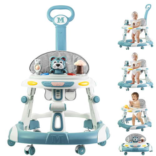 Baby Walker, 4-in-1 Foldable Baby Walkers and Baby Activity Center with Toys Tray,3-Gear Height Adjustable Infant Toddler Baby Walker with Wheels for Baby Boys and Girls 6-24 Months(Blue)