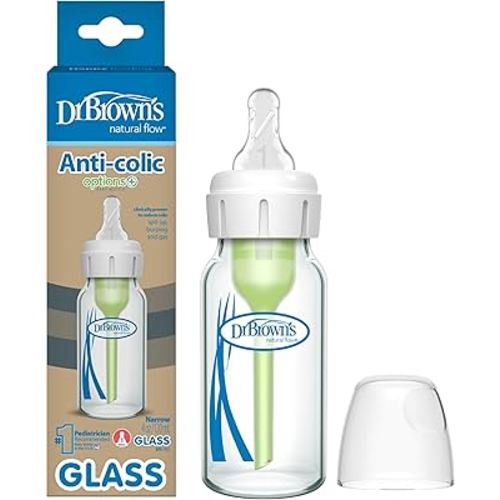 Dr. Brown's Natural Flow Anti-Colic Options+ Narrow Glass Baby Bottle, 4 oz/120 mL, with Level 1 Slow Flow Nipple, 1 Pack, 0m+