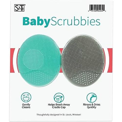 S&T INC. Exfoliating and Massaging Cradle Cap Bath Brushes for Baby, Silicone - 2 Inch x 2.5 Inch, Grey and Teal, 2 Pack