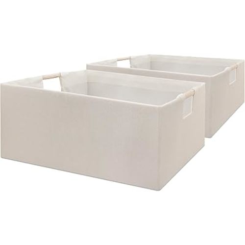 Foldable Fabric Storage Cubes, 2 Packs Cloth Storage Baskets with Wooden Handles, Collapsible Shelf Closet Organizer Bins, Rectangular Storage Boxes for Decor (Beige)