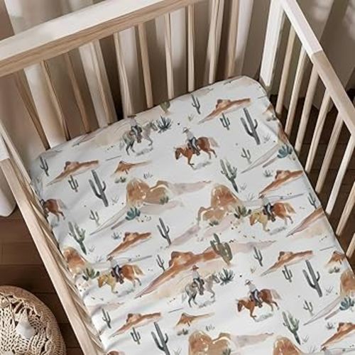 Western Watercolor Cactus Mountain Horses Pattern Baby Sheets for Crib, Unisex Native American Nursery Fitted Bed Sheet for Boys Girls Standard Crib and Toddler Mattress-28x52