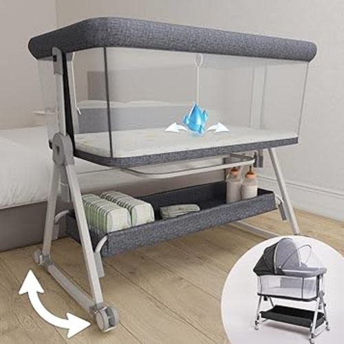 Earth&ME Baby Bassinet Bedside Sleeper with Rocking - All Mesh Portable Bedside Crib for Safe Co-Sleeping, Storage Basket and Wheels, Adjustable Height, Includes Travel Bag, Mosquito Net