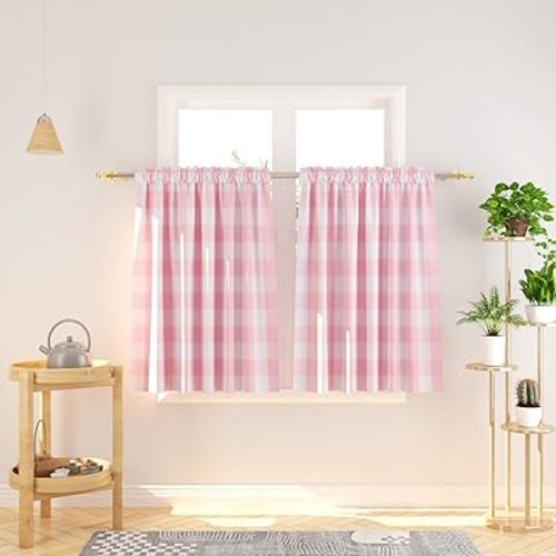 Cafe Curtains 36 inches Long Buffalo Plaid Kitchen Tiers 2 Panels Rod Pocket Gingham Check Short Small Window Curtains Bathroom Pink & White