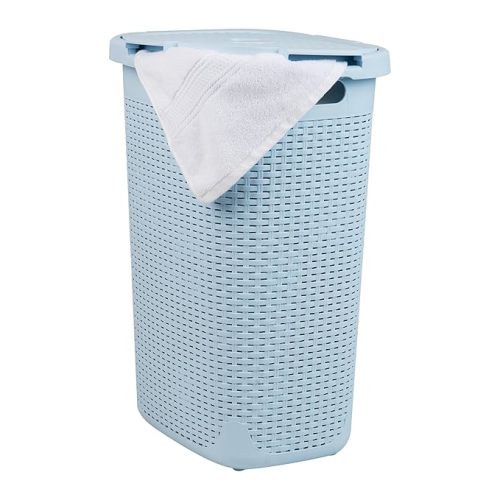 Mind Reader Slim Laundry Hamper with Lid, 60L Clothes Basket, Premium Wicker Design, Plastic, Baby Blue