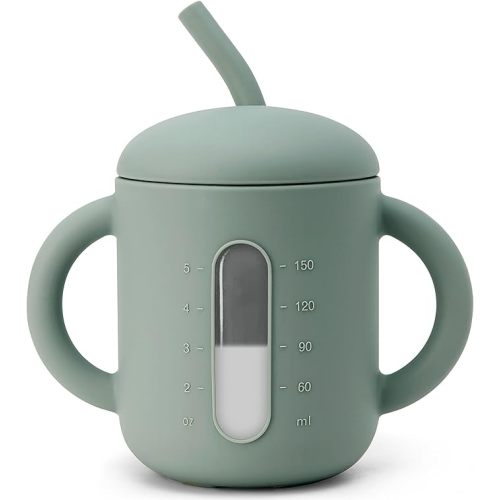 Silicone Baby Straw Cup for 6 12 18 Months, Sippy Cup, First Training Cup, Water Drinking Smoothie Cup for Infants Toddlers, 6 OZ - Forest