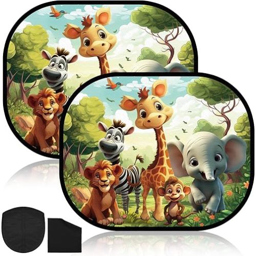 JUNEBRUSHS 2 Pack Car Window Shade With UV Protection for Baby - 17.6 x 14.4 Inches Sun Shade With Cute Animal Designs