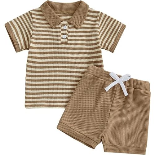 Kuriozud Newborn Baby Boy Summer Clothes Button Short Sleeve Romper Bodysuit Shorts Set Toddler Soft Waffle Outfit