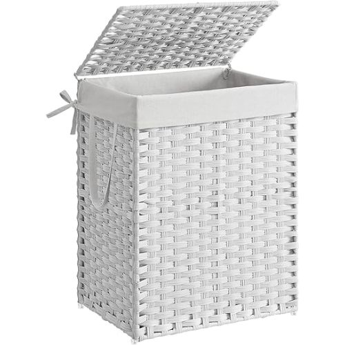 SONGMICS Laundry Hamper with Lid, 23.8 Gallon (90 L) Synthetic Rattan Clothes Laundry Basket with Lid and Handles, Foldable, Removable Liner, Cloud White ULCB51WT