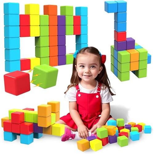 Magnetic Building Blocks, 1.65 inch Large Magnetic Stacking Cubes for Toddlers, Sensory & Montessori Toys for Boys & Girls 1 2 3 Years Old (24 PCS)