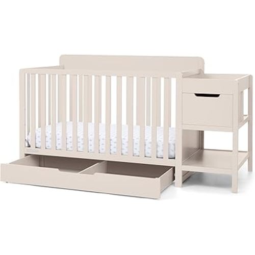 Delta Children Maya 5-in-1 Convertible Crib and Changer with Storage, Converts to Toddler Bed, Daybed, Sofa & Full Bed, Greenguard Gold Certified, 3 Mattress Heights for Baby, Soft Beige