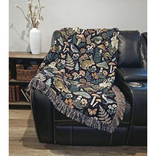 Forest Flora and Fauna Woven Blanket - Nature Wildlife Rabbit Mushrooms Birds Frogs, Home Decor, Cozy Throw Blanket, Woodland Animals Gift,