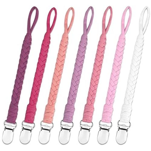 7 Pcs Pacifier Clip, Pacifier Clips for Boys & Baby Girls Pacifier Holder Clip Binky Clips Braided 100% Handmade Fits All Pacifiers(Pink, 7 Pack)