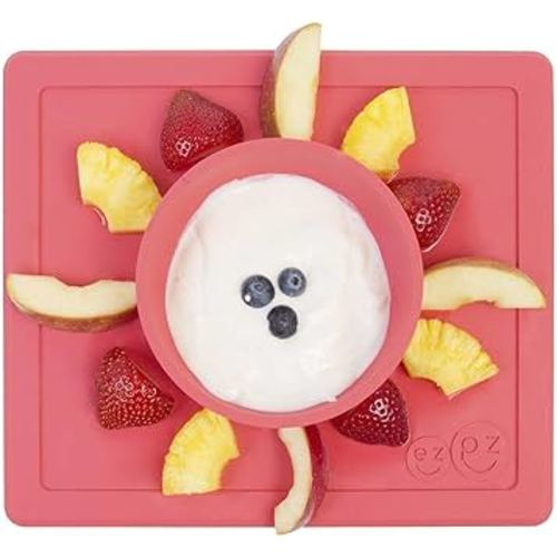 ezpz Happy Bowl - 24 Months + (Coral) - 100% Silicone Suction Bowl with Built-in Placemat – Dishwasher Safe