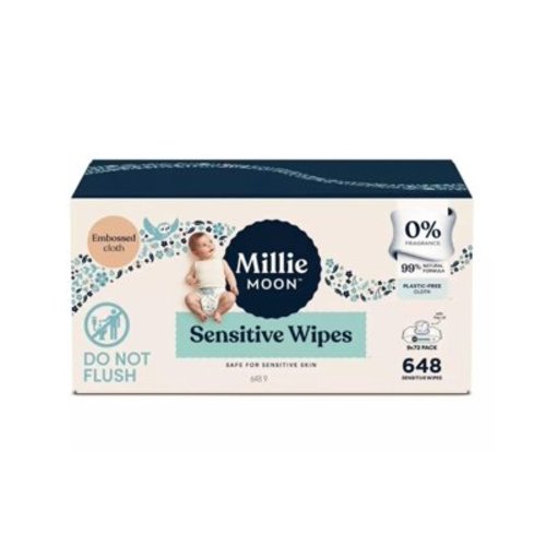 Millie Moon Sensitive Baby Wipes, 648 Count, 9 Packs of 72 Wipes(1Box)