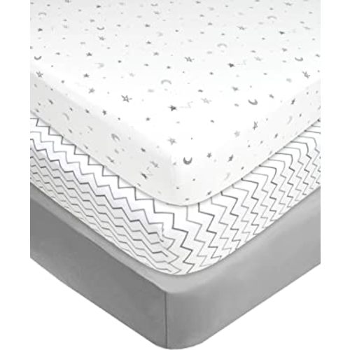 American Baby Company 3 Pack 100% Natural Cotton Fitted Crib Sheets 52" x 28" - Soft, Breathable, Hypoallergenic & Gentle Toddler Bed Sheets, Grey Star/Zigzag, Neutral for Boys & Girls