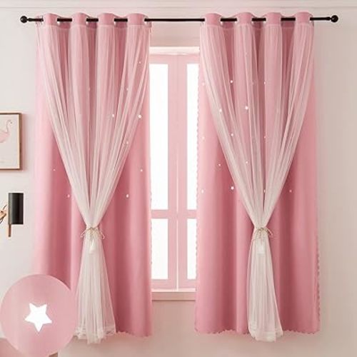 Pink Blackout Curtains for Girls Bedroom - Aesthetic Star Cutout Double Layer with Sheer Overlay, 84 Inches Long, 1 Panel Baby Nursery Curtains Kids Room Decor Drapes