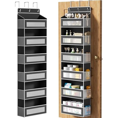 Over The Door Organizer with 6 Large Pockets, Over the Door Storage 12 Side Pockets, Hanging Door Organzier 44 lb Load Behind Door Storage Hanging Shelf for Closet Wall Bathroom Nursery, 6-Tier Black