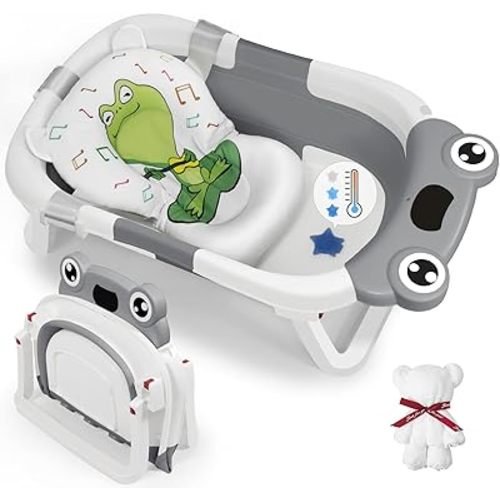 DEANIC Collapsible Baby Bathtub with Baby Washcloth, Portable Infant Bathtub with Soft Baby Bath Support Cushion for 0-3-6-12 Month Newborns, Foldable Baby Bath Tub for Indoor, Travel (Grey)