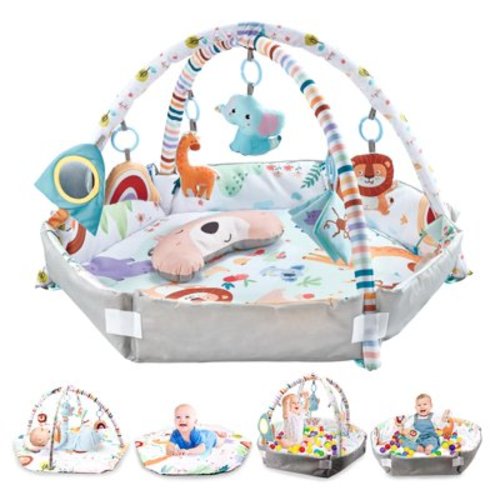 JoyStone Baby Gym Play Mat with 6 Detachable Toys, Washable Baby Activity Mat, Baby Gift for Newborn Infant 0-18 Months (Grey)
