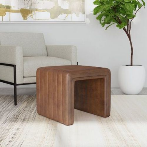Modern Channel Ottoman Caramel Faux Leather - HomePop: Upholstered Rectangle, No Assembly Required