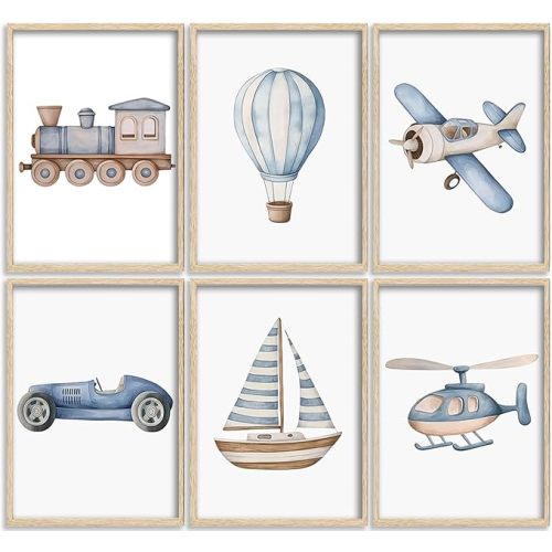 Vintage Baby Boy Nursery Wall Art Blue Transportation Car Airplane Painting Picture Wall Decor Toddler Vehicle Train Boat and Hot Air Balloon Poster Print Artwork for Kids Boys Room Bedroom Decorate