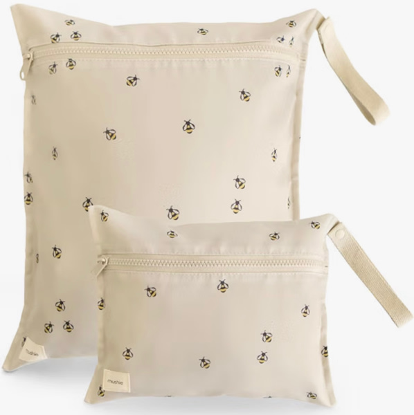 mushie Water Resistant Wet Bags | Large & Small Reusable Storage Bag for Baby Items and Travel | Zippered Pockets with Handle | Machine Washable, Set of 2 (Bees)
