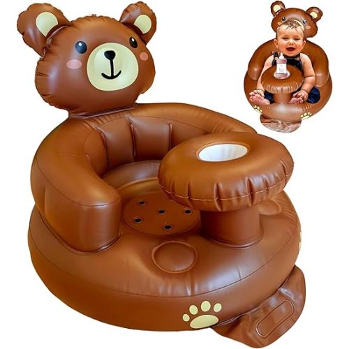 Inflatable Baby Seat with Tray for Babies 3 Months & Up, Baby Floor Seats for Sitting Up, Baby Seats for Infants, Blow Up Baby Chair with Built in Air Pump (Bear)