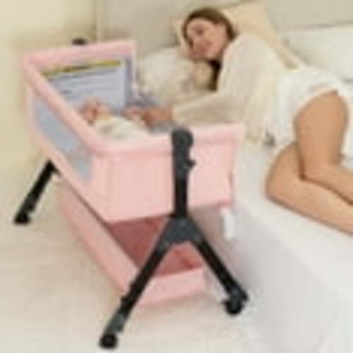kmaier Baby Bassinet Sleeper, Adjustable Bedside Sleeper, Breathable Mesh with Wheels for 0-18 Months-Pink