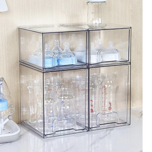 Vtopmart 7.6" H Clear Stackable Storage Drawers, 4 Pack Plastic Organizers Bins for Skincare, Cosmetics,Beauty Supplies,Ideal for Vanity, Bathroom,Kitchen Countertop,Cabinet Organization