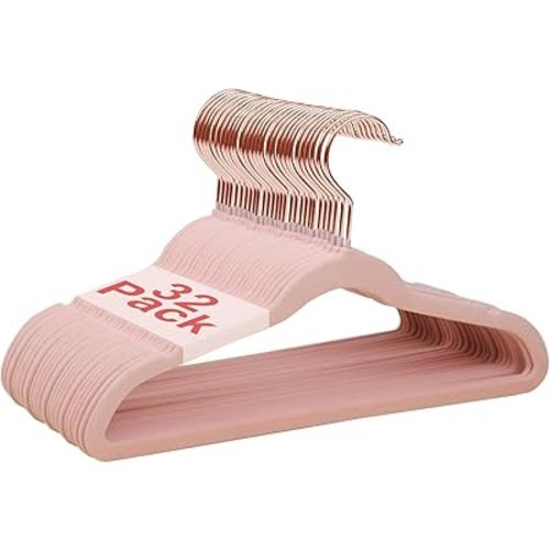Baby Velvet Hangers, 32 Packs Kids Clothes Hangers, Non-Slip Childrens Hangers with Shoulder Notches, Storage Organizer for Infant and Toddler, 11 Inch, 0.2 Inch Slim, Rose Gold Hook, Pink