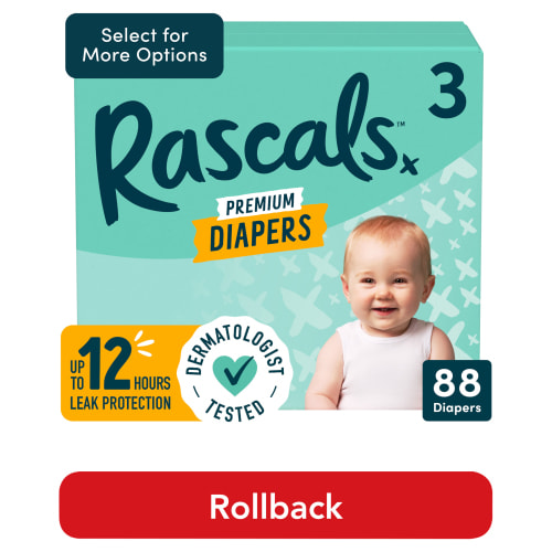 Rascals Premium Night Time Baby Diapers, Size 3, 88 Count