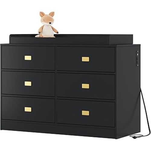 Dresser for Bedroom with 6 Drawers, Changing Table Dresser with Changing Table Top, Nursery Dresser Diaper Changing Station for Baby with Power Outlets, Changing Pad & Removable Top (Black)