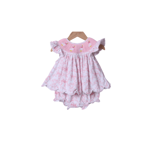 Smocked Silly Goose Pink Bow Toile Bloomer Set