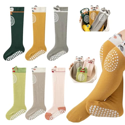 BEHELE Baby Toddlers Knee High Non Slip Socks with Grips Girl Boy Non-Skid Socks Newborn Infant Floor Crawling Tube Stockings