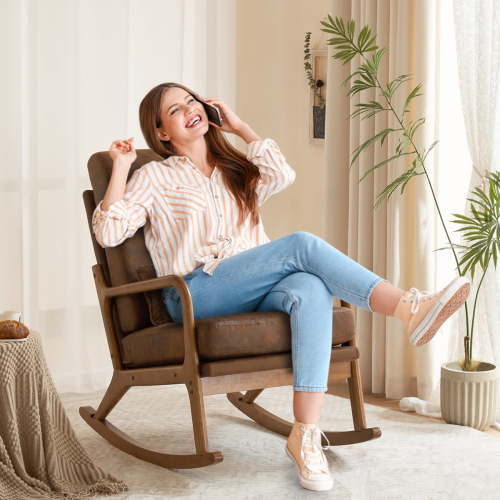 Ktaxon Mid Century Rocking Nursery Chair Solid Wood Frame Accent Chair, Bronzing Cloth Upholstered Glider Rocker Modern Padded Armchair with Lumbar Pillow Brown