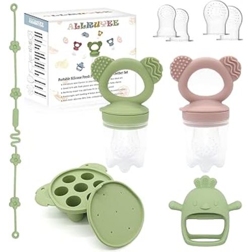 Baby Fruit Feeder & Mini Freezer Tray Combo with Baby Teether, Breastmilk Popsicle Molds for Teething Relief, Fresh Food Feeder for Safe Infant Self-Feeding, Extra Food Pouches(Pink&Green)