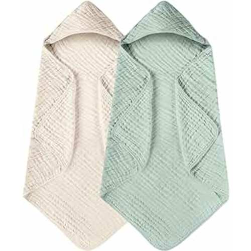 Yoofoss Hooded Baby Towels for Newborn 2 Pack 100% Muslin Cotton Baby Bath Towel with Hood for Babies, Infant, Toddler and Kids, Large 32x32Inch, Soft and Absorbent Newborn Essential