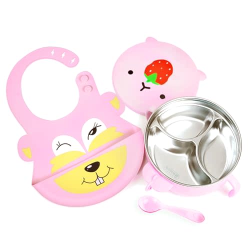 qianliyer Baby Stainless Steel Bowl Stainless Steel Suction Plates for Baby Suction Cup Bowls with Lids Kid Suction Bowls for Toddlers & Kids with Utensils (Pink)