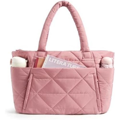 BAGSMART Tote Bag for Women, Puffy Tote Bag with Zipper, Large Quilted Shoulder Bag with Compartments for Travel, Work, Gym